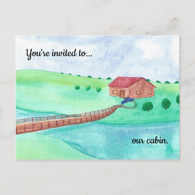 Invitation to our cabin, Cabin by stream Postcards (Front)