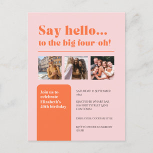 Invitation with 3 photos, 40th birthday retro postcard