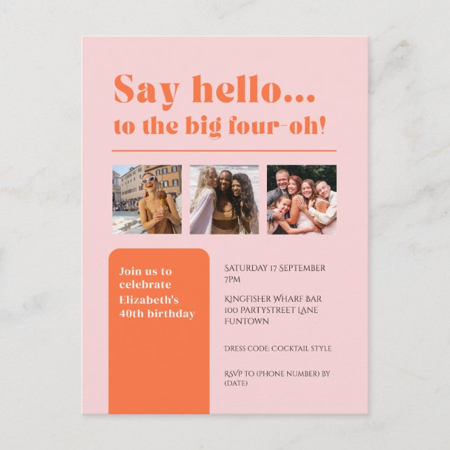 Invitation with 3 photos, 40th birthday retro postcard (Front)