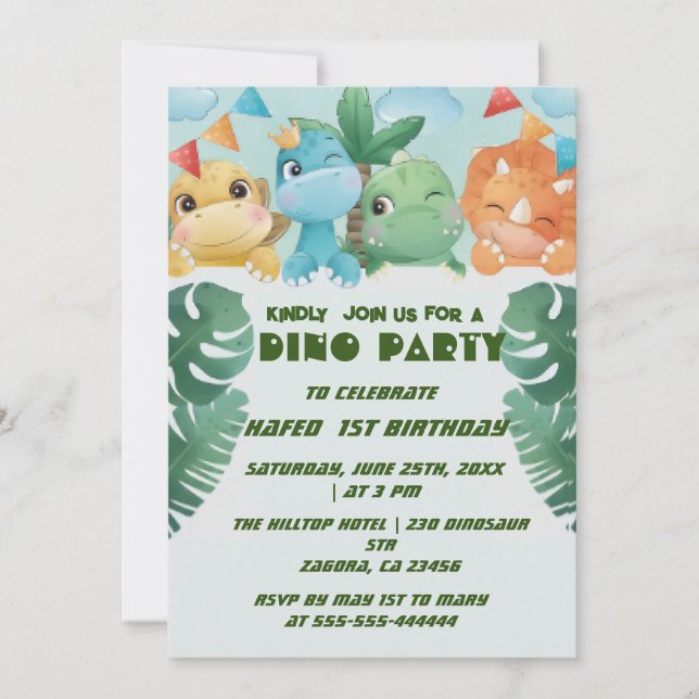 Invitations Birthday 1ST Personalised Dinosaur (Front)