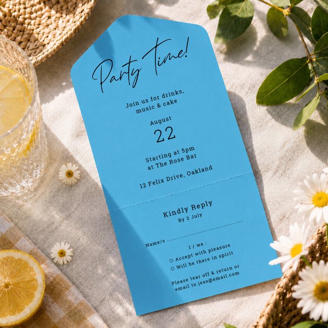 Invitations | Blue All-In-One Party Invite Cards (Blue all in one party invitation with tear off RSVP card for birthdays and summer events.)