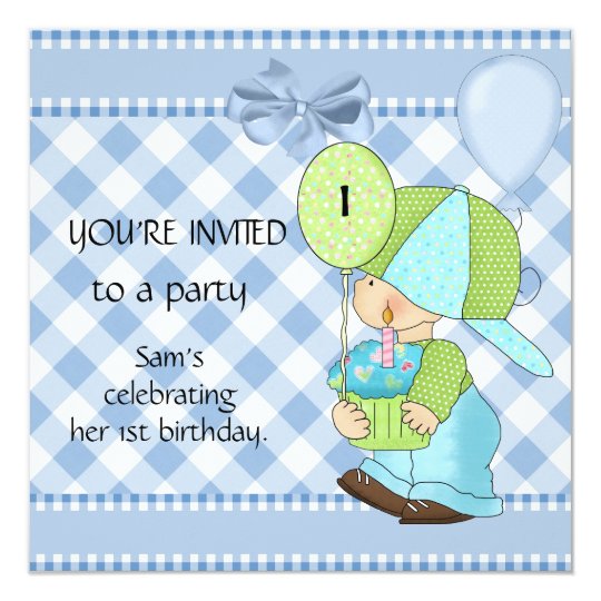 Invitations Boys 1st Birthday Blue White Gingham