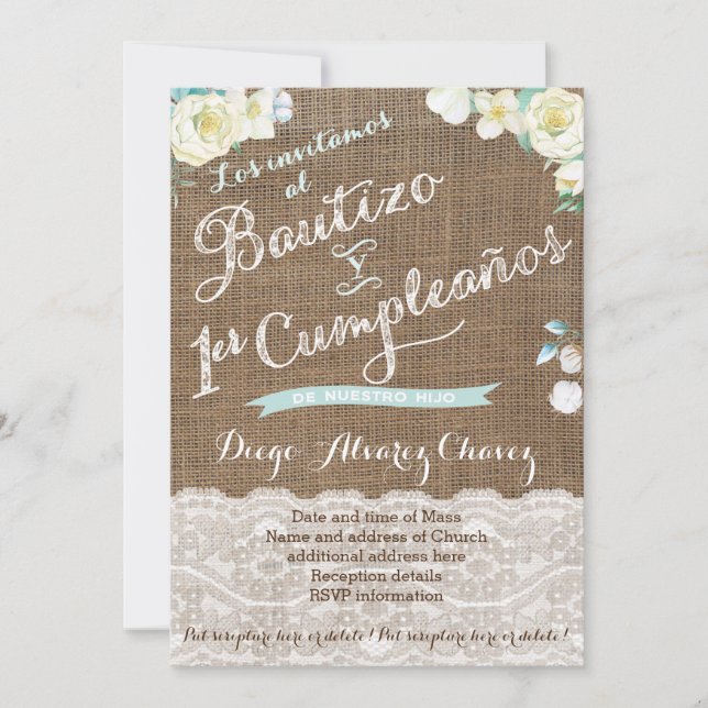 Invitations in Spanish for baby boy Christening (Front)