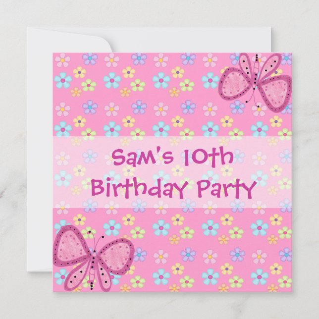 Invite 10th Birthday Floral Pink Butterfly (Front)