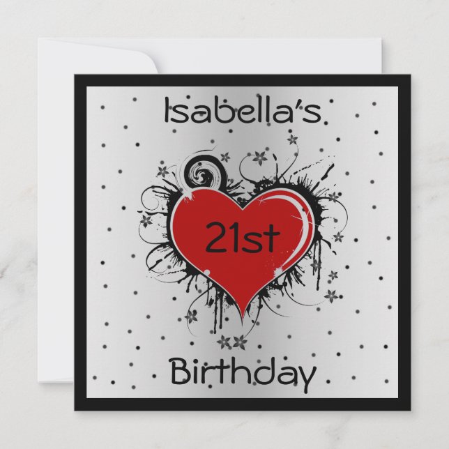 Invite 21st Birthday Red Heart on Black & White (Front)
