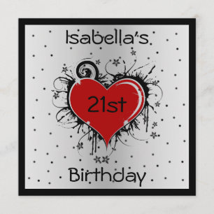 Invite 21st Birthday Red Heart on Black & White