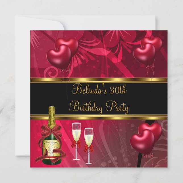 Invite 30th Birthday Party Black Red Balloons (Front)