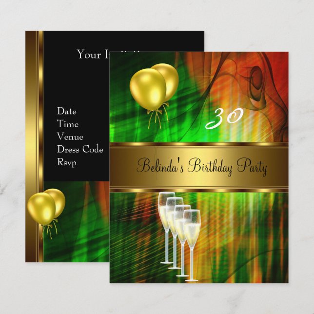 Invite 30th Birthday Party Green Yellow Balloons (Front/Back)