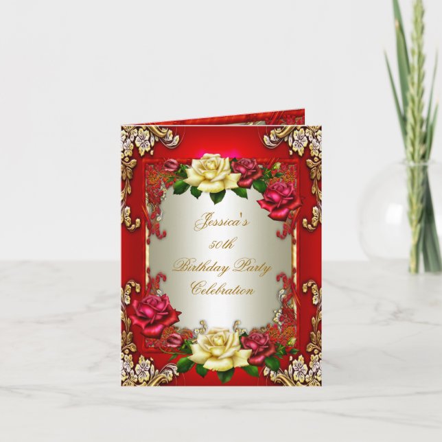 Invite 50th Birthday Party Red Gold Rose Cream (Front)