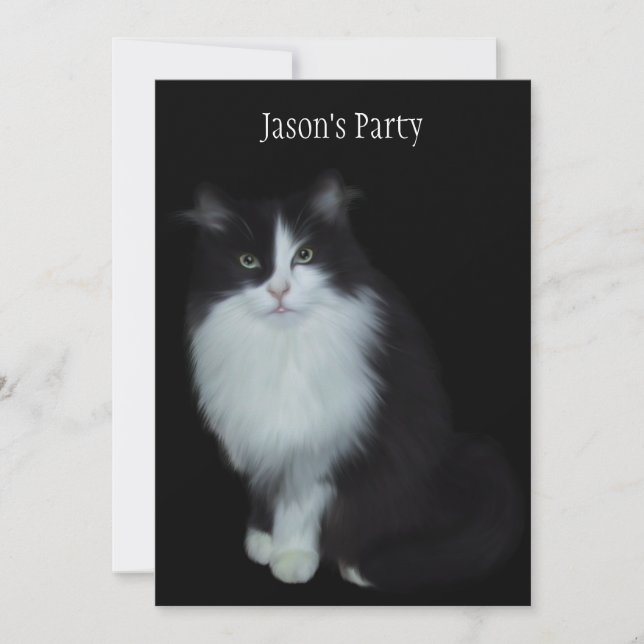 Invite Birthday Party Cat On Black (Front)