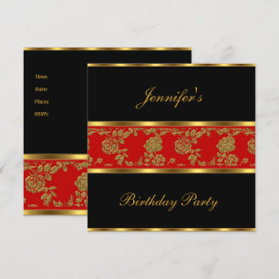 Invite Birthday Party Floral Gold Black Red Asian