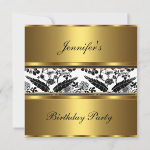 Invite Birthday Party Floral Gold Black White 3