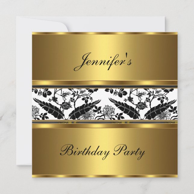 Invite Birthday Party Floral Gold Black White 3 (Front)