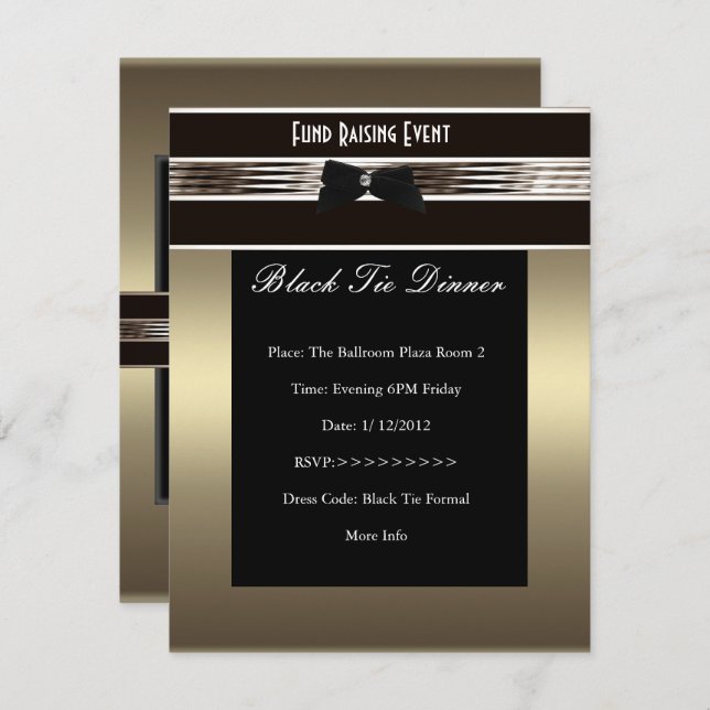 Invite Fundraiser Formal Black Tie Bronze Pewter (Front/Back)