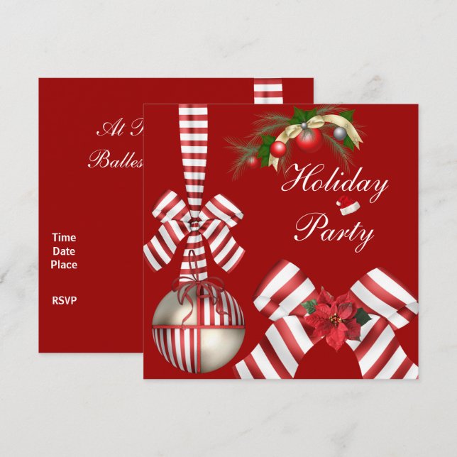 Invite Holiday Party Red White Candy Stripe Bow 4 (Front/Back)