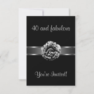 Invite Party Black Grey Flower Fabulous 40th