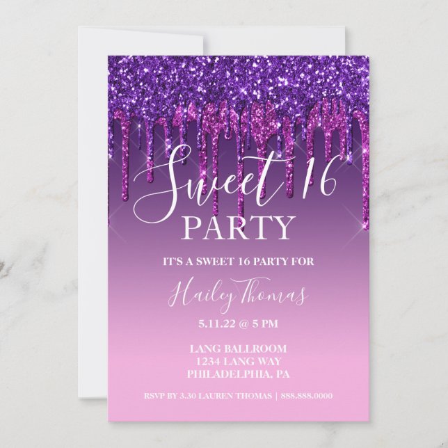Invite - Purple & Pink Glitter Drip Sweet Sixteen (Front)
