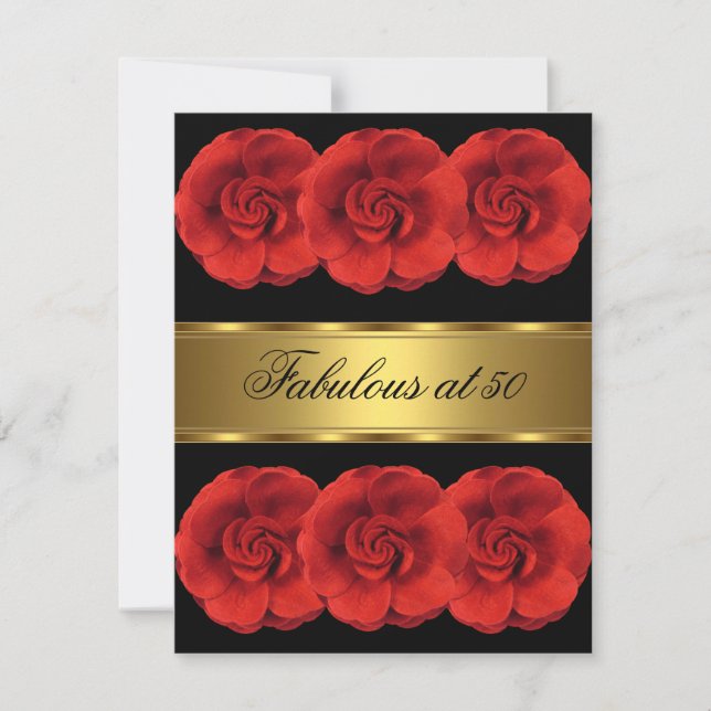 Invite Red Flowers Black Gold Fabulous 50th (Front)