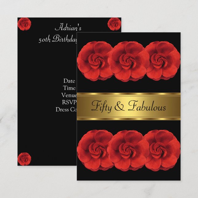 Invite Red Flowers Black Gold Fabulous 50th (Front/Back)