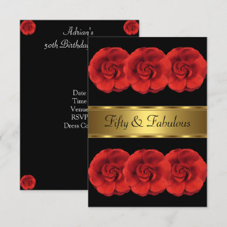 Invite Red Flowers Black Gold Fabulous 50th