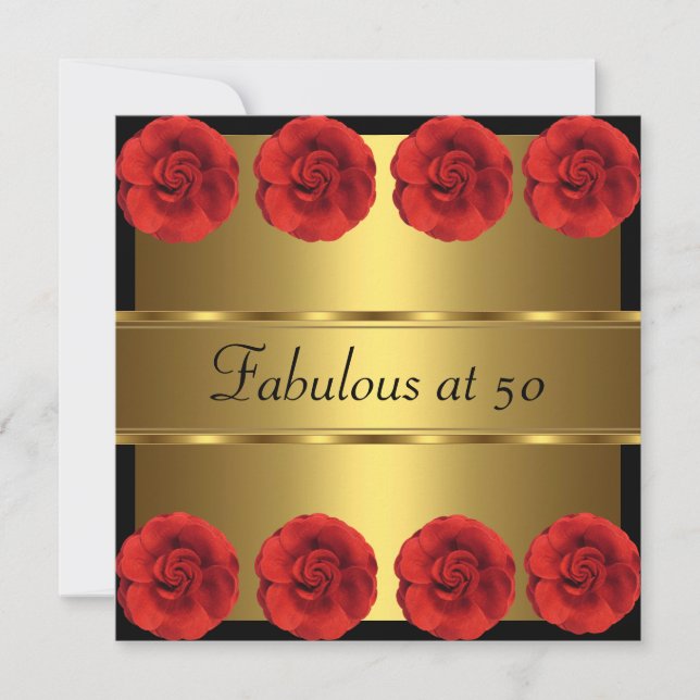 Invite Red Flowers Black Gold Fabulous 50th (Front)