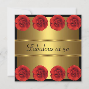 Invite Red Flowers Black Gold Fabulous 50th