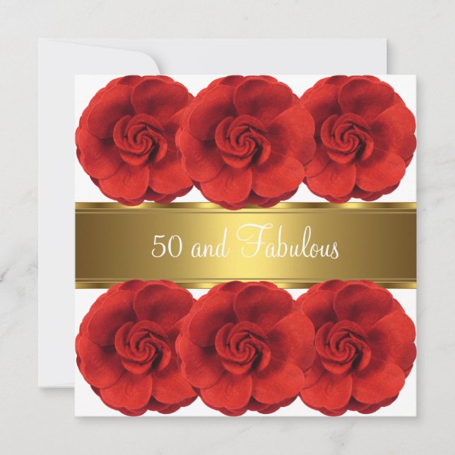 Invite Red Flowers White Gold 50 and Fabulous (Front)