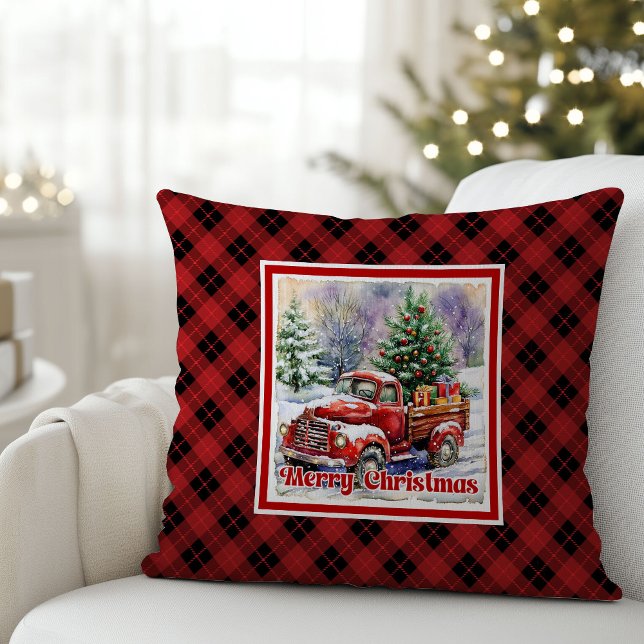 Inviting red truck winter scene rustic holiday   cushion (Inviting red truck winter scene rustic holiday Throw Pillow)