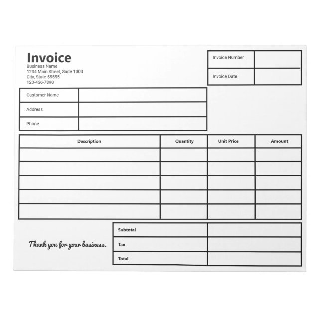 Invoice Black and White Simple Business Template Notepad (Front)