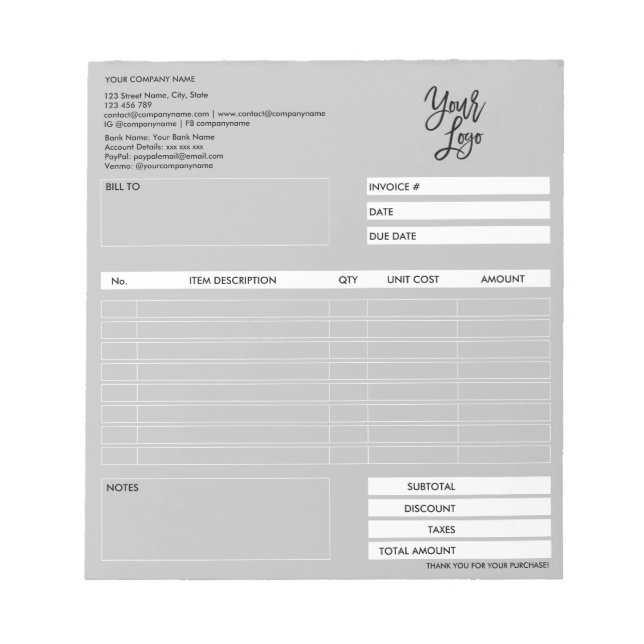 Invoice Form Business Quotation Add Logo Notepad (Front)