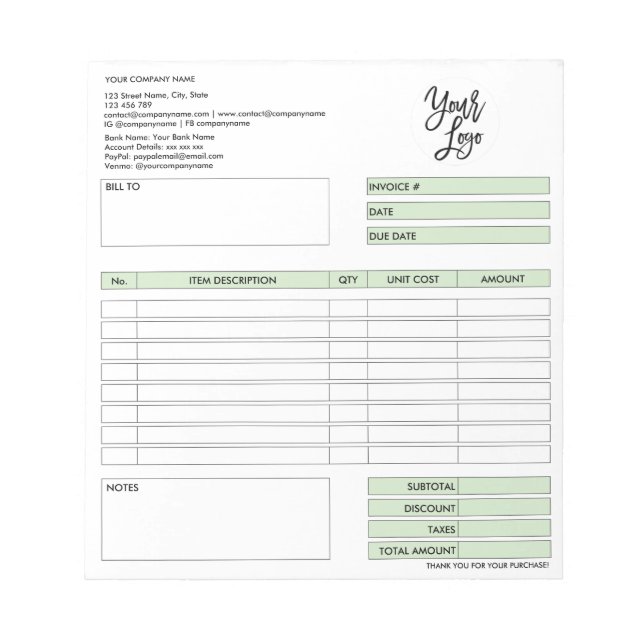 Invoice Form Business Quotation Add Logo Notepad (Front)