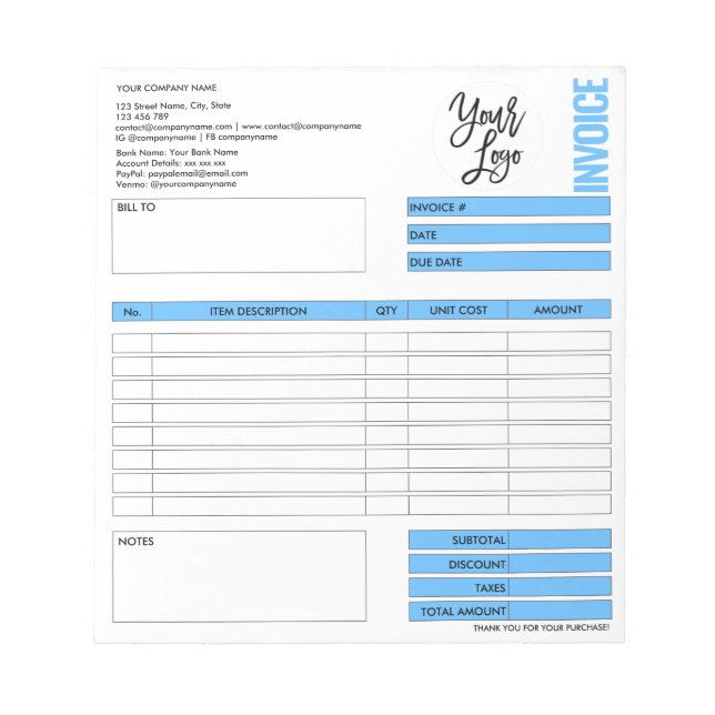 Invoice Form Business Quotation Add Logo Notepad (Front)