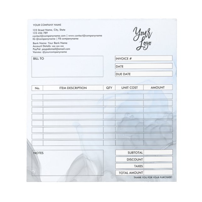 Invoice Form Business Quotation Add Logo Notepad (Front)