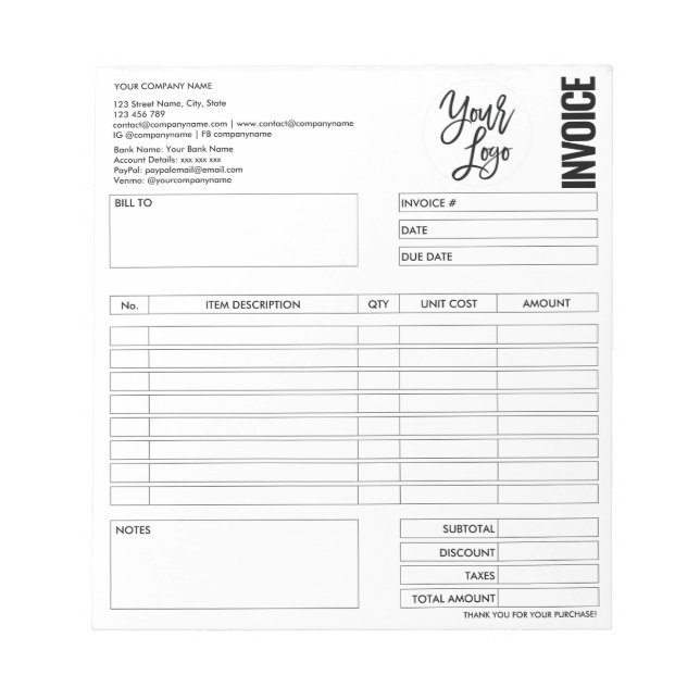 Invoice Form Business Quotation Add Logo Notepad (Front)