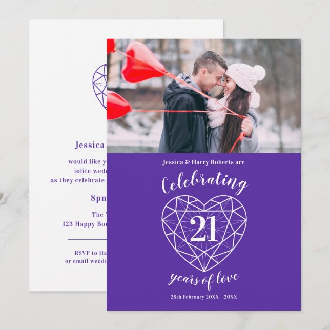 Iolite heart anniversary 21 years photo purple invitation (Front/Back)