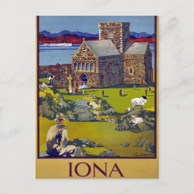 Iona Scotland Vintage Travel Poster Restored Postcard (Front)