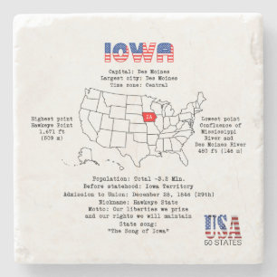Iowa American state on a map and useful info Stone Coaster