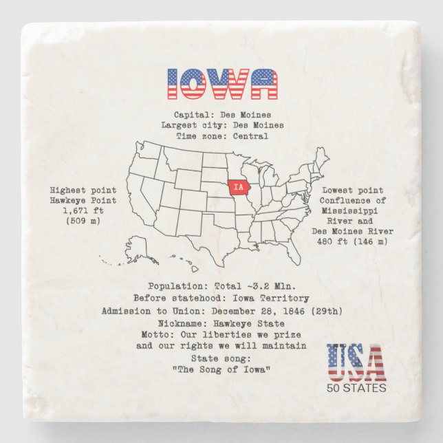 Iowa American state on a map and useful info Stone Coaster (Front)