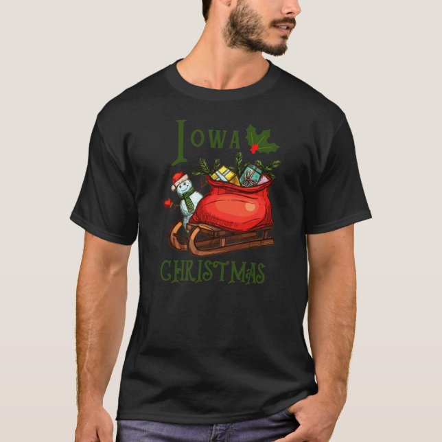 Iowa Christmas Sled Sleigh Green Text T-Shirt (Front)