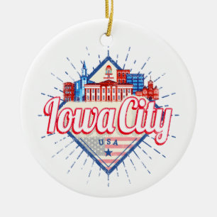 Iowa City United States Retro Skyline Vintage USA Ceramic Tree Decoration