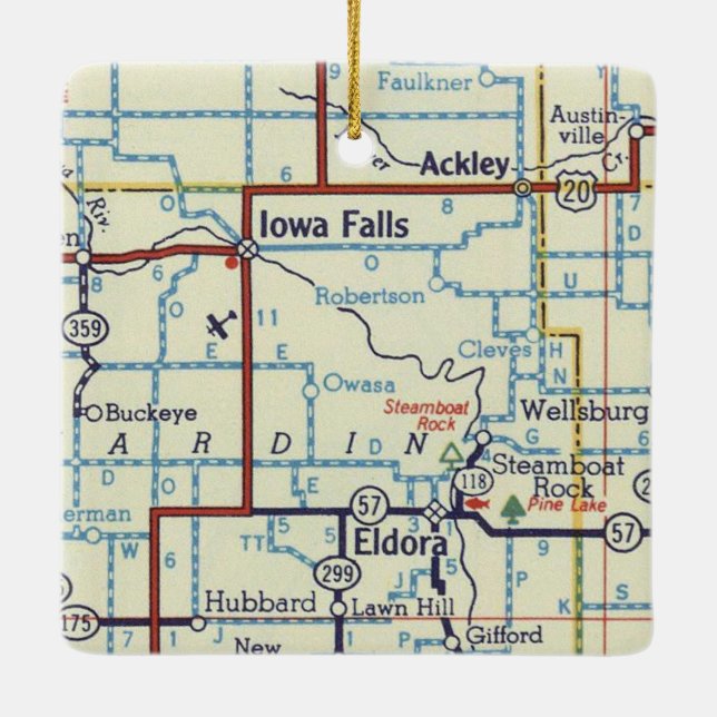 Iowa Falls and Eldora Map Ceramic Ornament (Back)