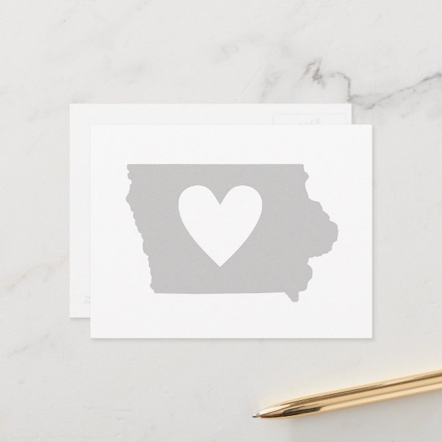 Iowa Grey State Map Shape with Heart Cutout Postcard (Front/Back In Situ)