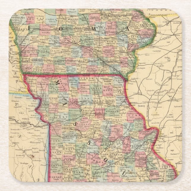 Iowa, Missouri Map by Mitchell Square Paper Coaster (Front)