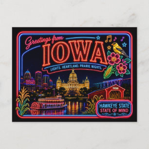 Iowa Neon State Retro Vintage Postcard