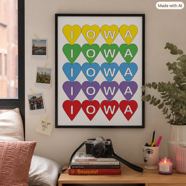 Iowa Pride Colourful Hearts, State Pride Gift Poster (A poster with colorful hearts that spell Iowa.)