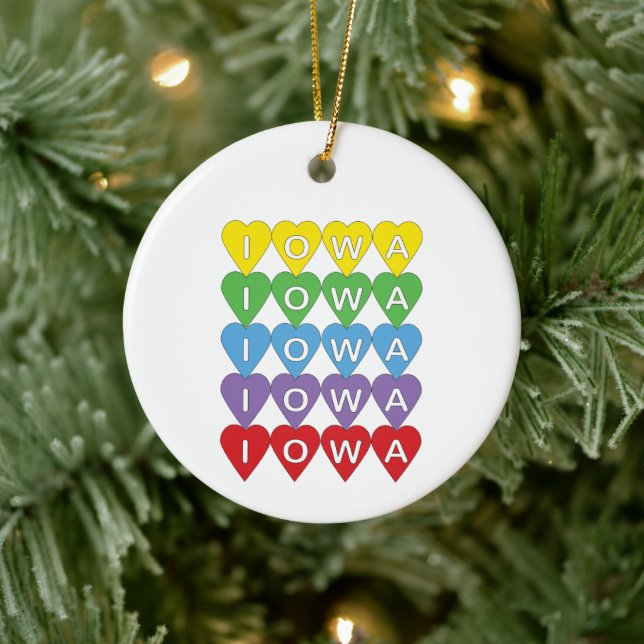 Iowa Rainbow Heart Grid State Pride Design Ceramic Tree Decoration (Tree)