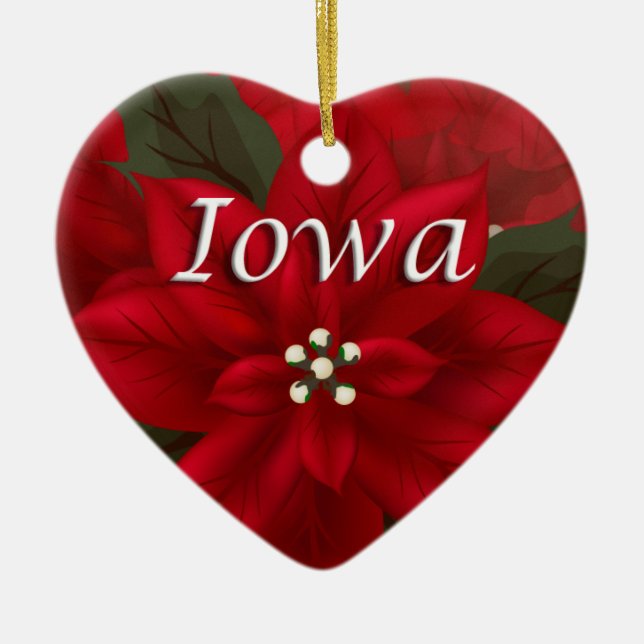 Iowa Red Poinsettia Heart  Keepsake Ornament (Front)