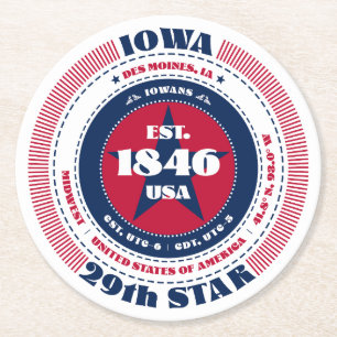 Iowa Red White Blue Typography Round Paper Coaster