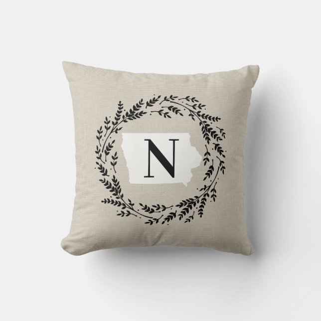 Iowa Rustic Wreath Monogram Throw Pillow (Front)
