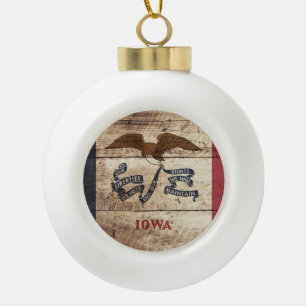 Iowa State Flag on Old Wood Grain Ceramic Ball Christmas Ornament